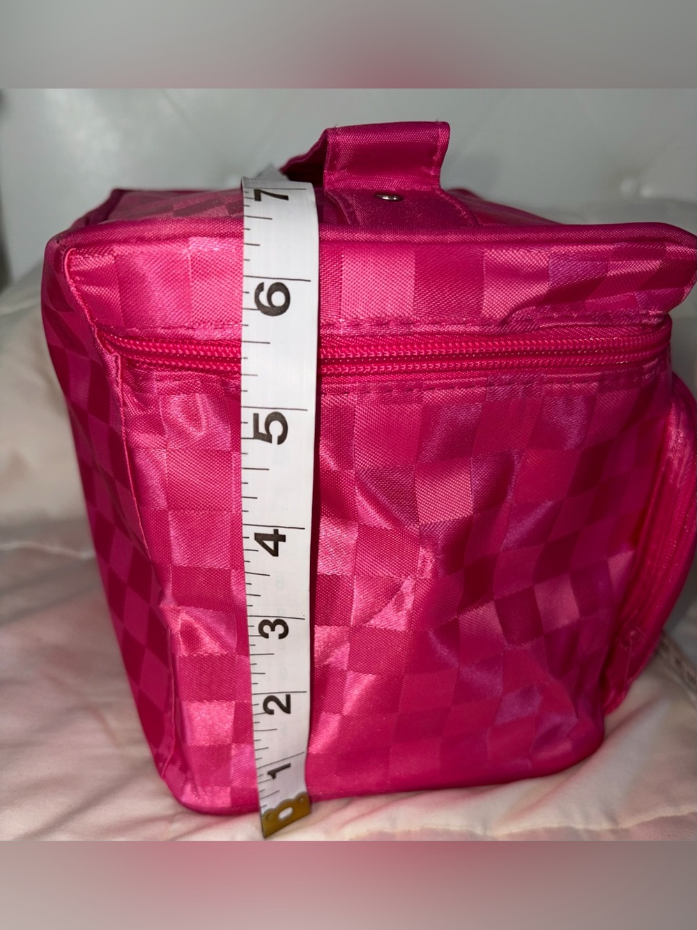 Bright Pink Checker Satin Cosmetic Travel Bag - Picture 4 of 7